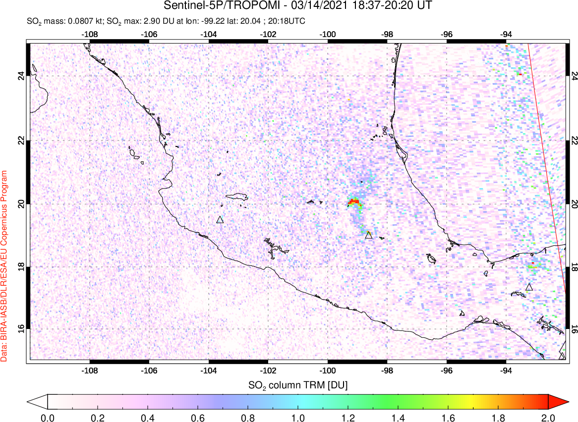 A sulfur dioxide image over Mexico on Mar 14, 2021.