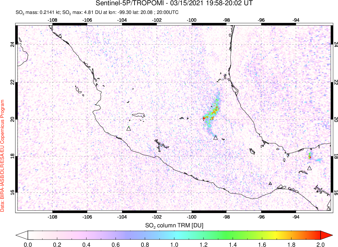 A sulfur dioxide image over Mexico on Mar 15, 2021.