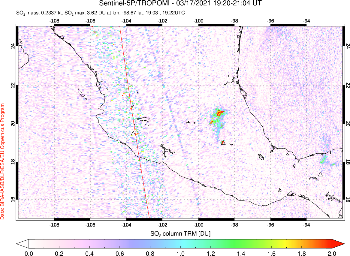 A sulfur dioxide image over Mexico on Mar 17, 2021.