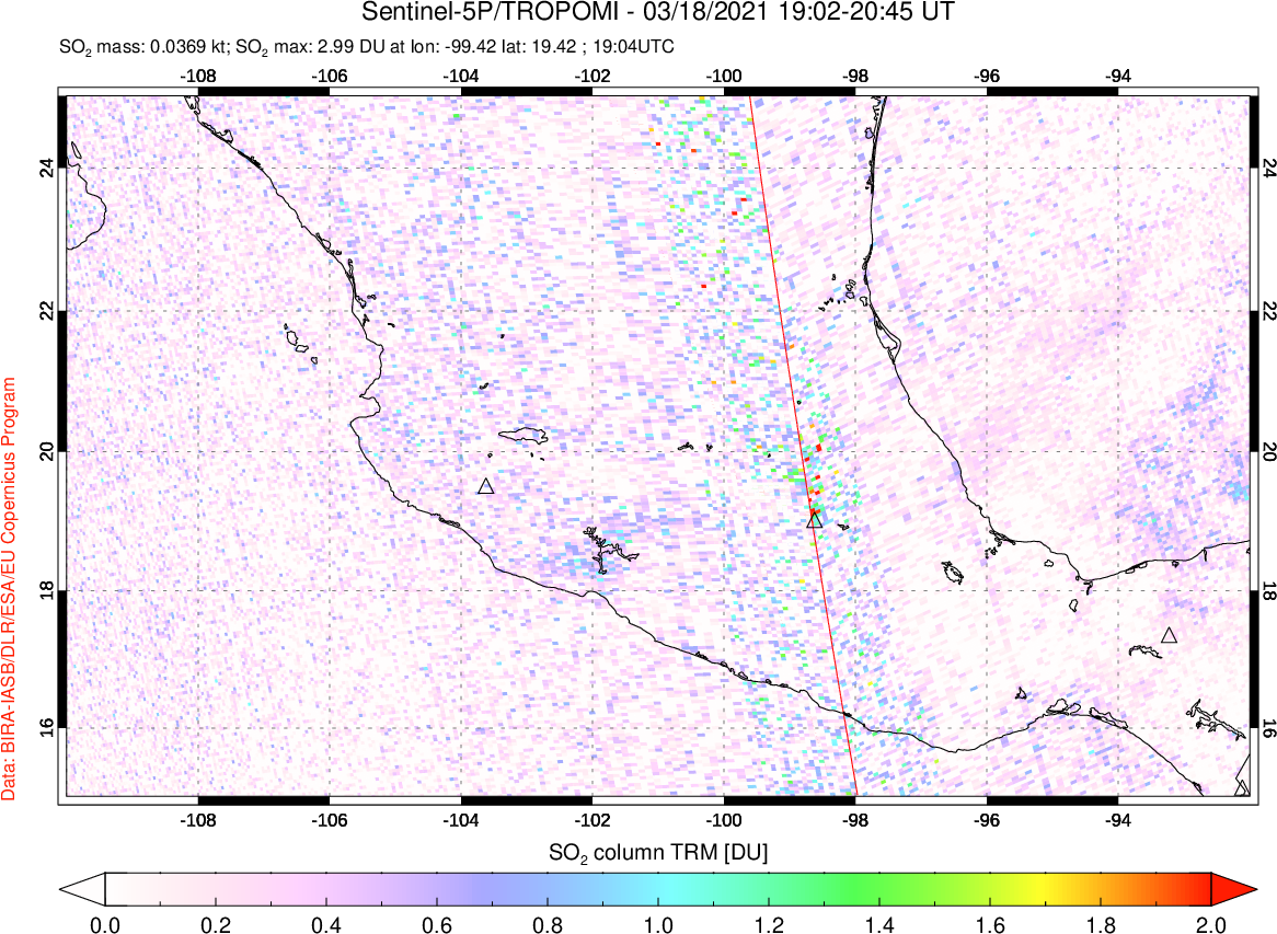 A sulfur dioxide image over Mexico on Mar 18, 2021.