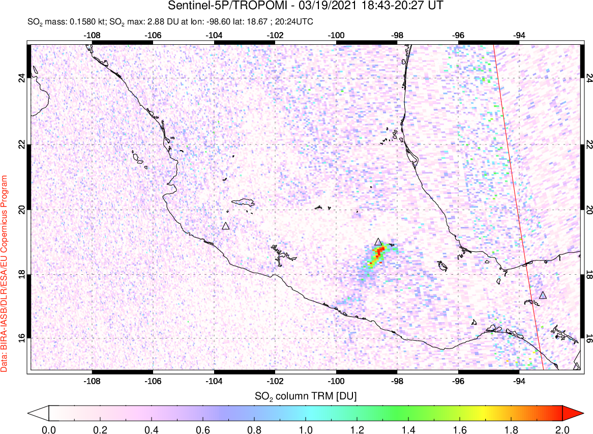 A sulfur dioxide image over Mexico on Mar 19, 2021.