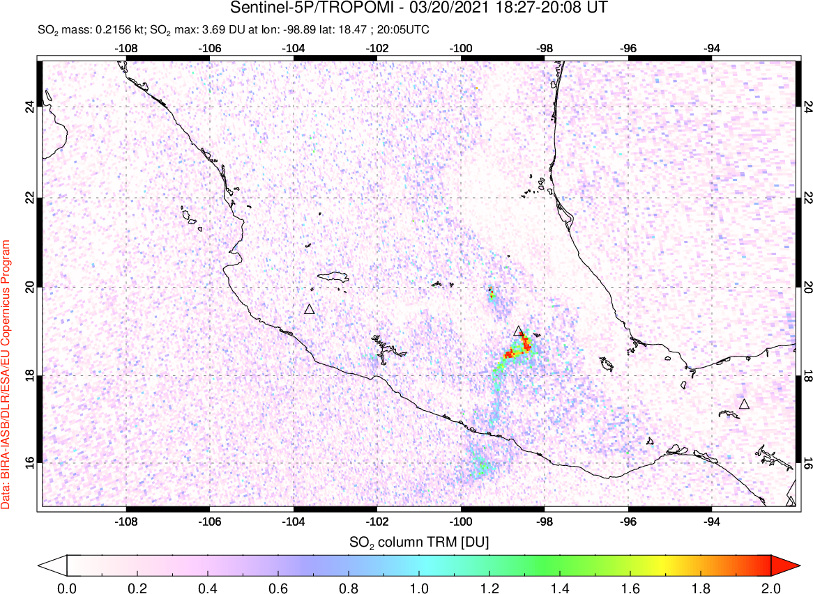 A sulfur dioxide image over Mexico on Mar 20, 2021.