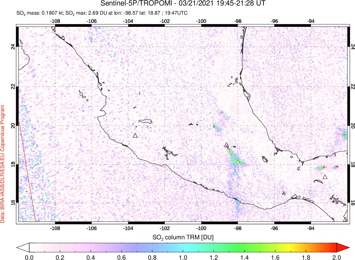 A sulfur dioxide image over Mexico on Mar 21, 2021.