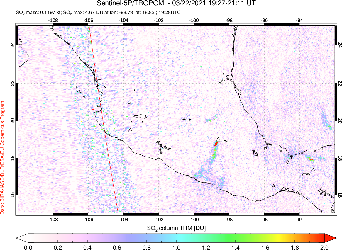 A sulfur dioxide image over Mexico on Mar 22, 2021.