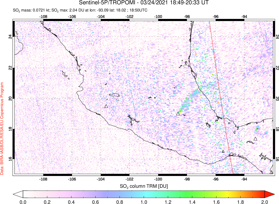 A sulfur dioxide image over Mexico on Mar 24, 2021.