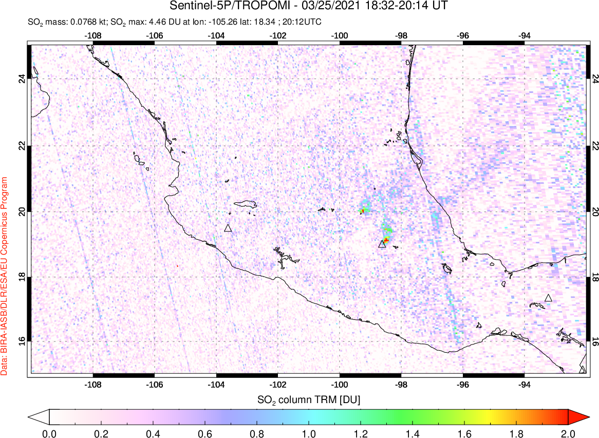 A sulfur dioxide image over Mexico on Mar 25, 2021.