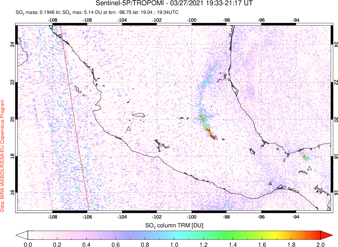 A sulfur dioxide image over Mexico on Mar 27, 2021.