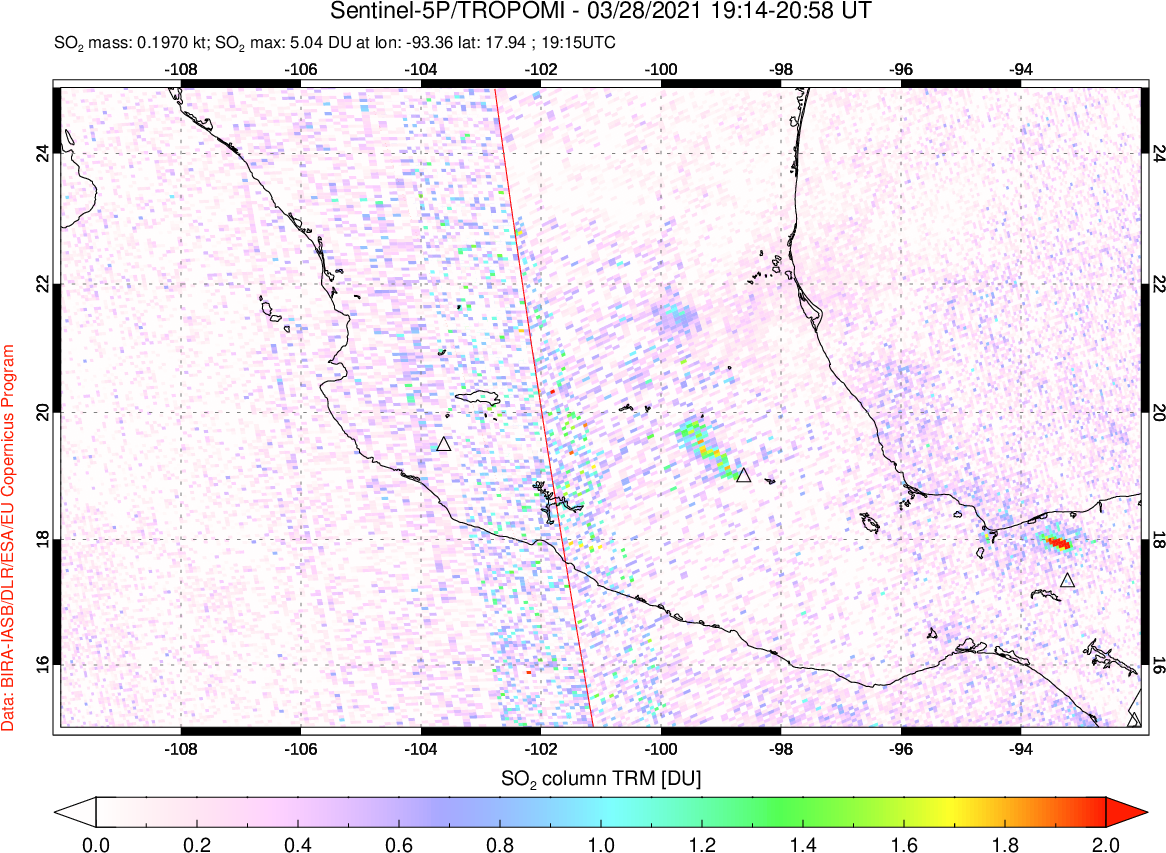 A sulfur dioxide image over Mexico on Mar 28, 2021.