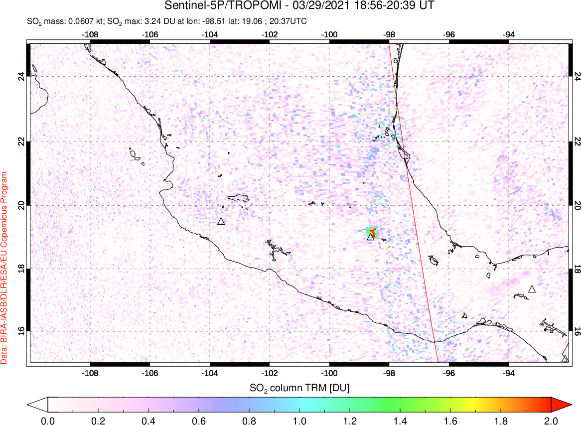 A sulfur dioxide image over Mexico on Mar 29, 2021.