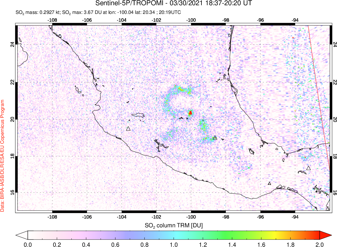 A sulfur dioxide image over Mexico on Mar 30, 2021.