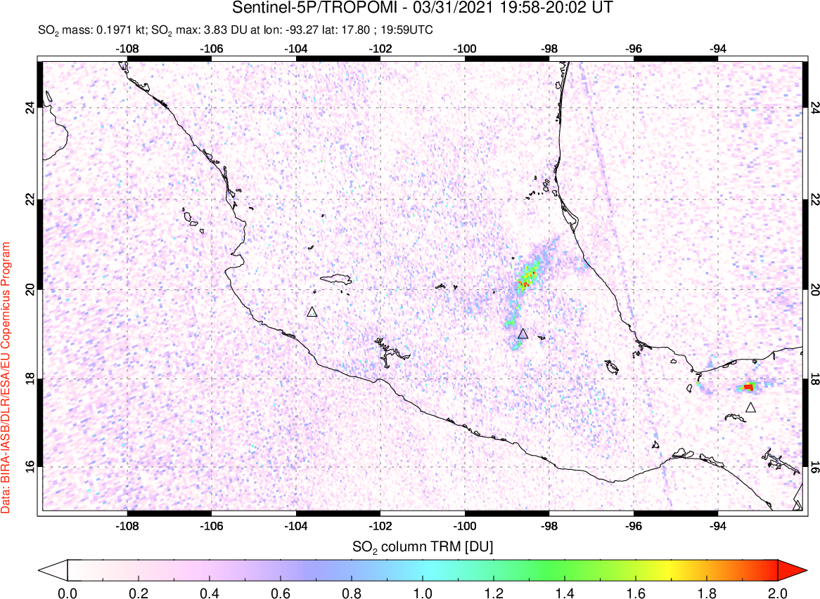 A sulfur dioxide image over Mexico on Mar 31, 2021.