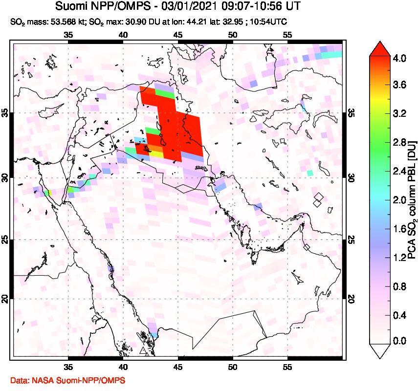 A sulfur dioxide image over Middle East on Mar 01, 2021.