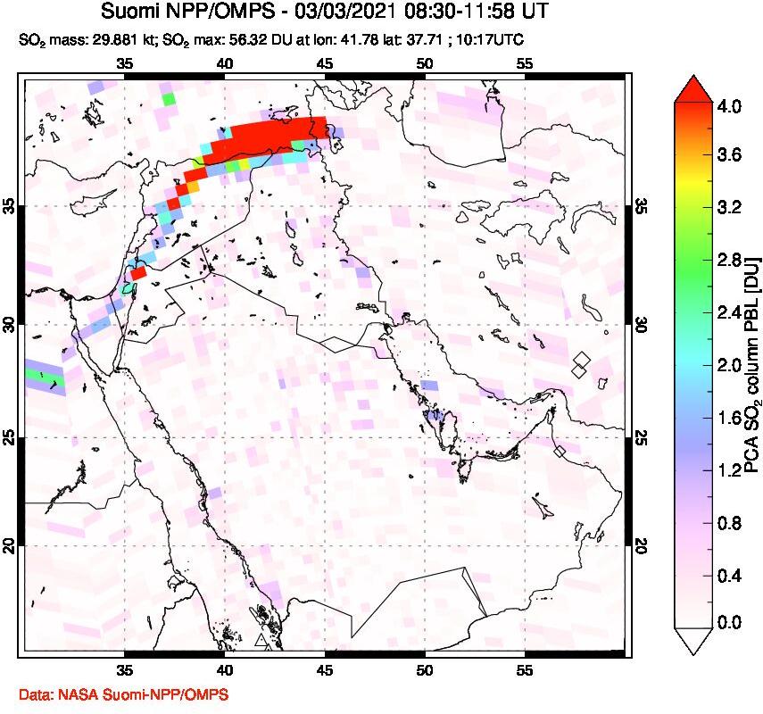A sulfur dioxide image over Middle East on Mar 03, 2021.