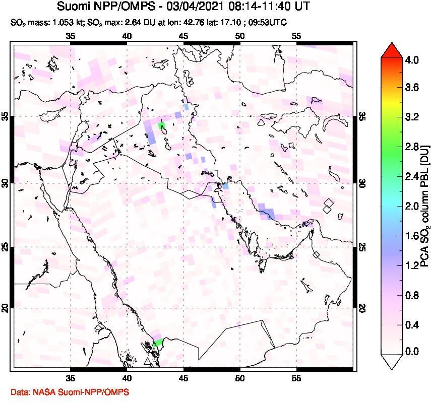 A sulfur dioxide image over Middle East on Mar 04, 2021.