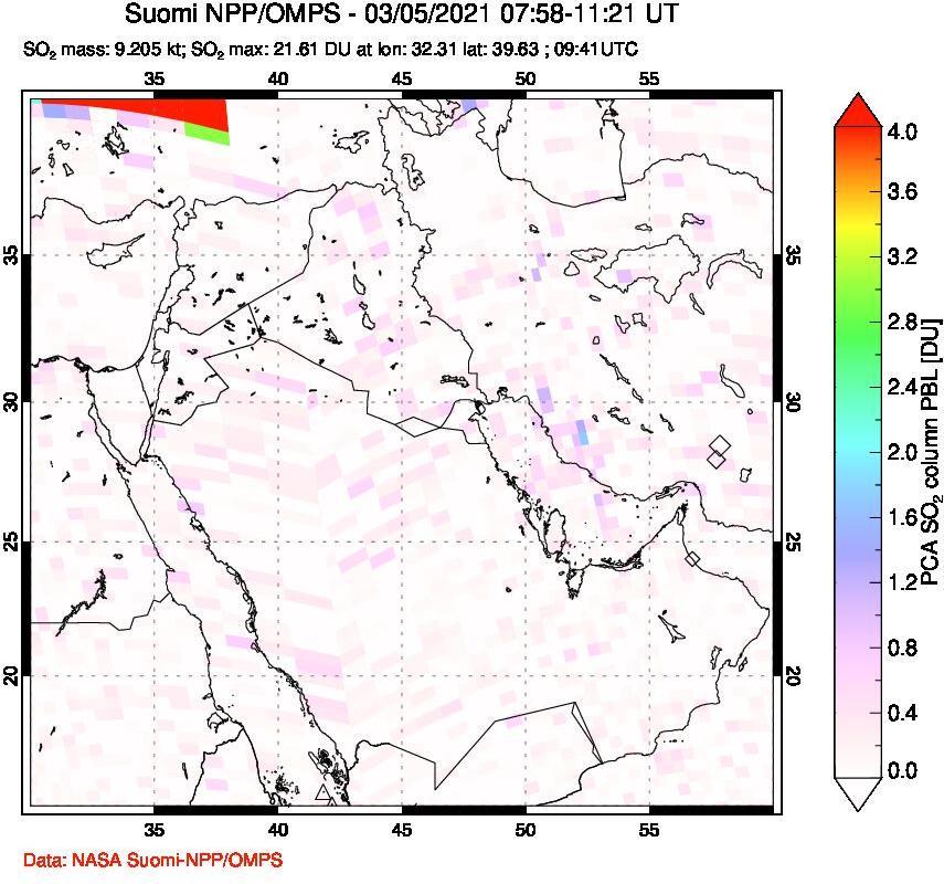 A sulfur dioxide image over Middle East on Mar 05, 2021.