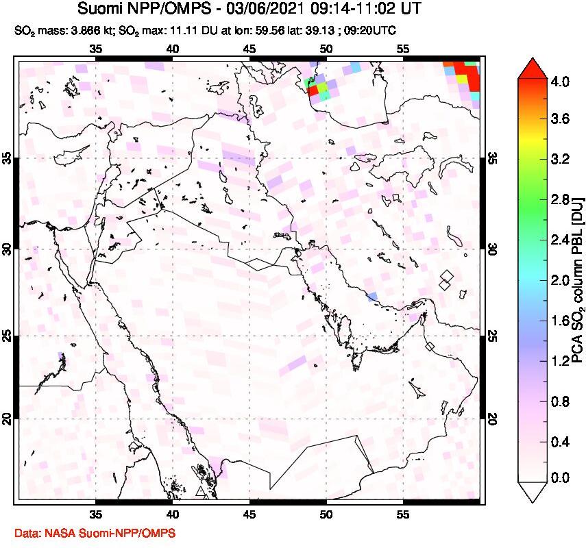 A sulfur dioxide image over Middle East on Mar 06, 2021.
