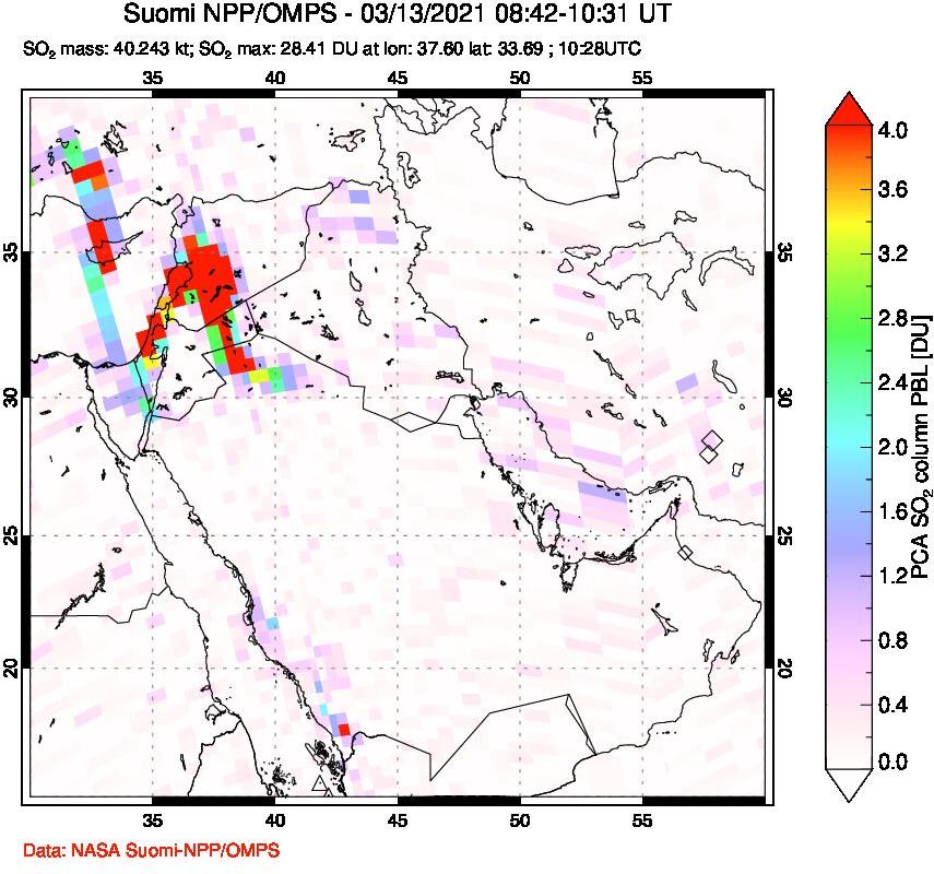 A sulfur dioxide image over Middle East on Mar 13, 2021.