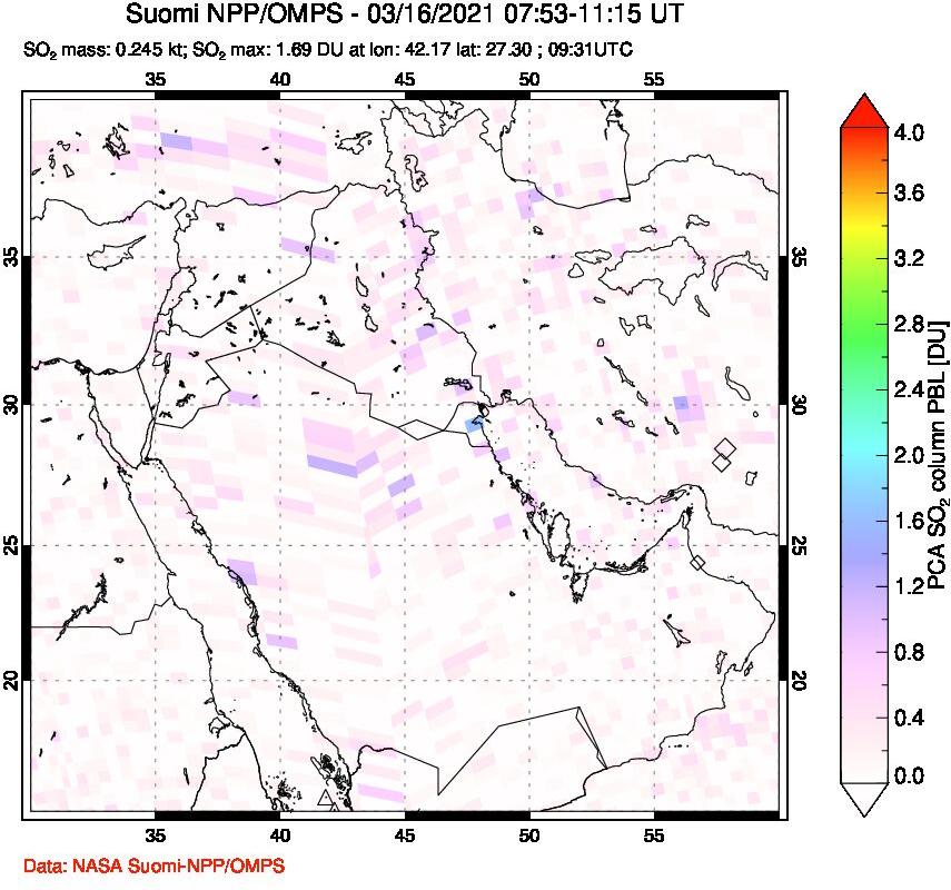 A sulfur dioxide image over Middle East on Mar 16, 2021.