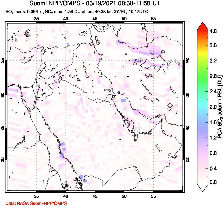 A sulfur dioxide image over Middle East on Mar 19, 2021.