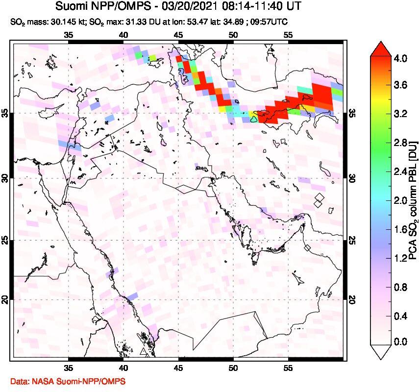 A sulfur dioxide image over Middle East on Mar 20, 2021.