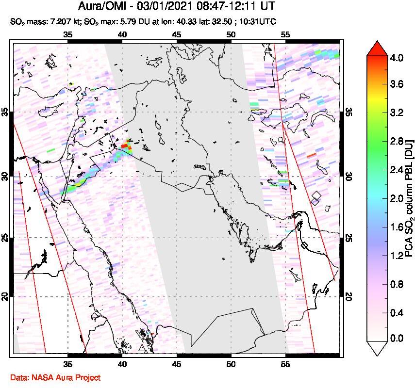 A sulfur dioxide image over Middle East on Mar 01, 2021.