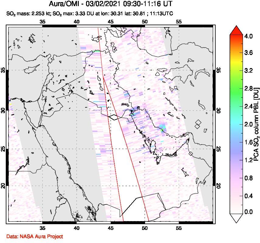 A sulfur dioxide image over Middle East on Mar 02, 2021.