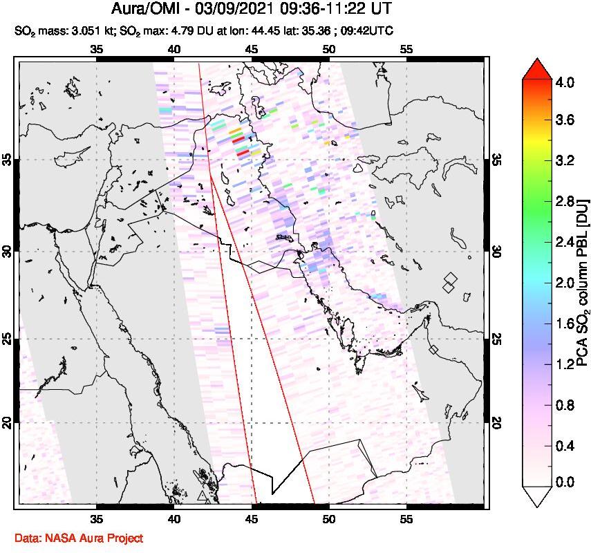 A sulfur dioxide image over Middle East on Mar 09, 2021.