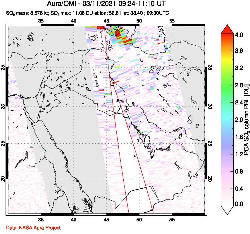 A sulfur dioxide image over Middle East on Mar 11, 2021.