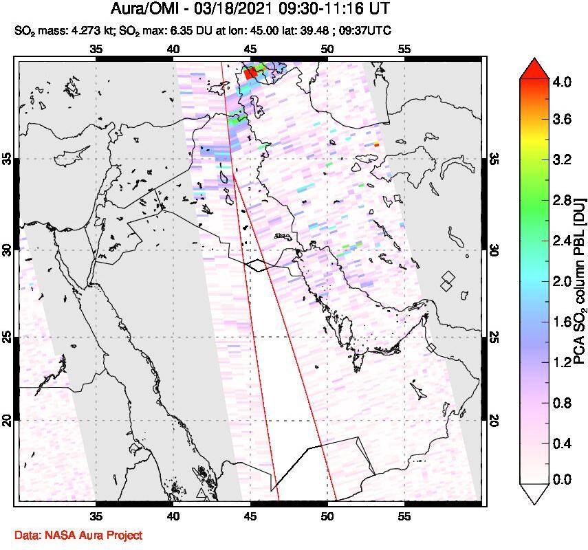 A sulfur dioxide image over Middle East on Mar 18, 2021.