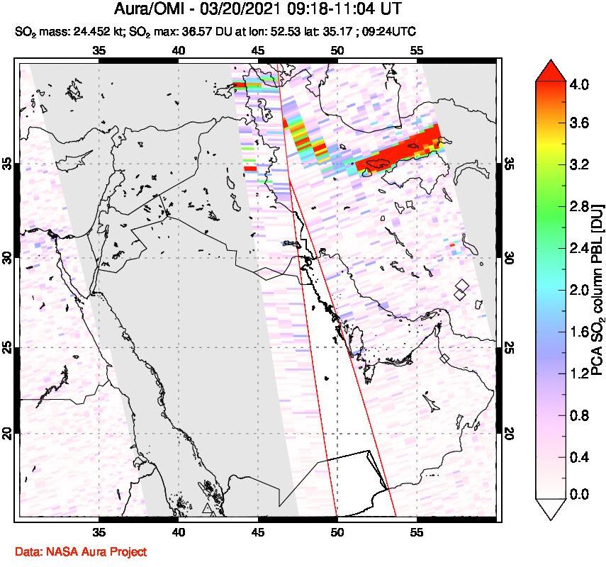 A sulfur dioxide image over Middle East on Mar 20, 2021.
