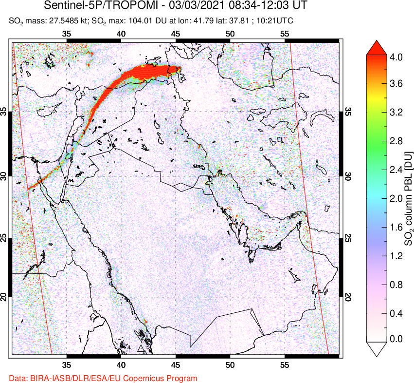 A sulfur dioxide image over Middle East on Mar 03, 2021.