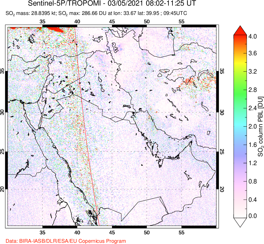 A sulfur dioxide image over Middle East on Mar 05, 2021.