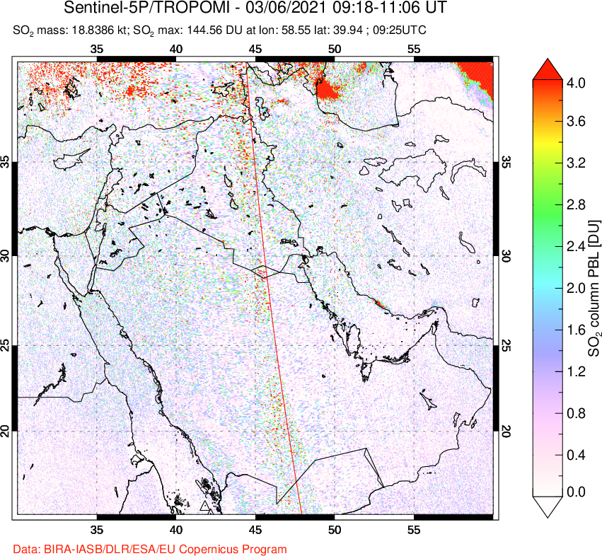A sulfur dioxide image over Middle East on Mar 06, 2021.