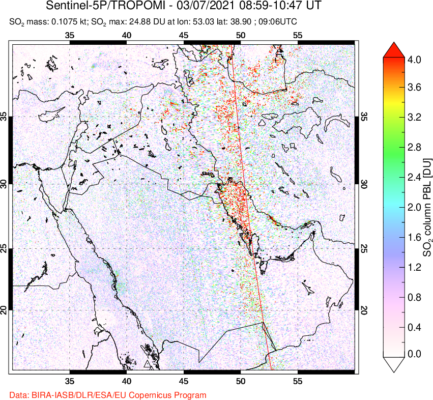 A sulfur dioxide image over Middle East on Mar 07, 2021.