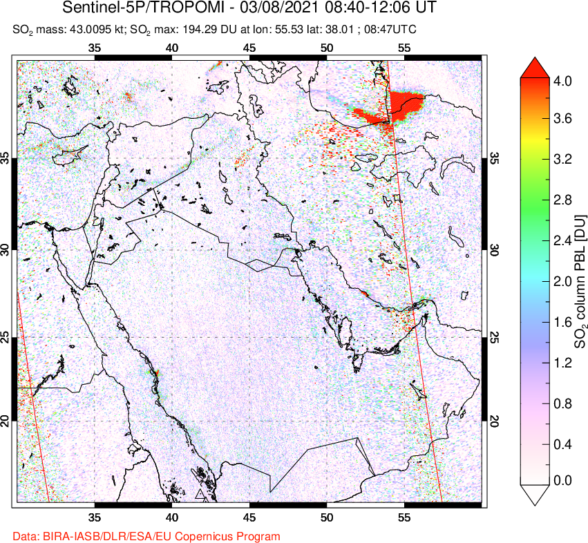 A sulfur dioxide image over Middle East on Mar 08, 2021.