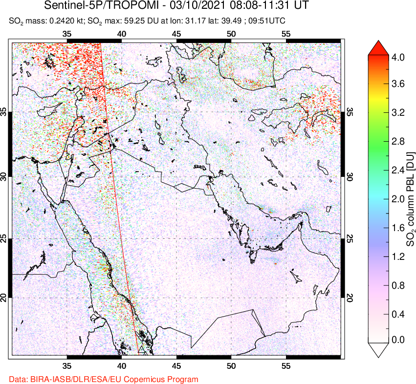 A sulfur dioxide image over Middle East on Mar 10, 2021.