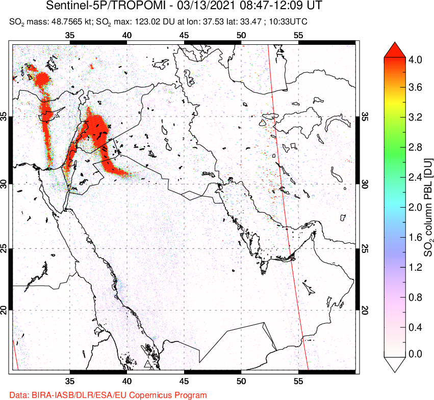A sulfur dioxide image over Middle East on Mar 13, 2021.