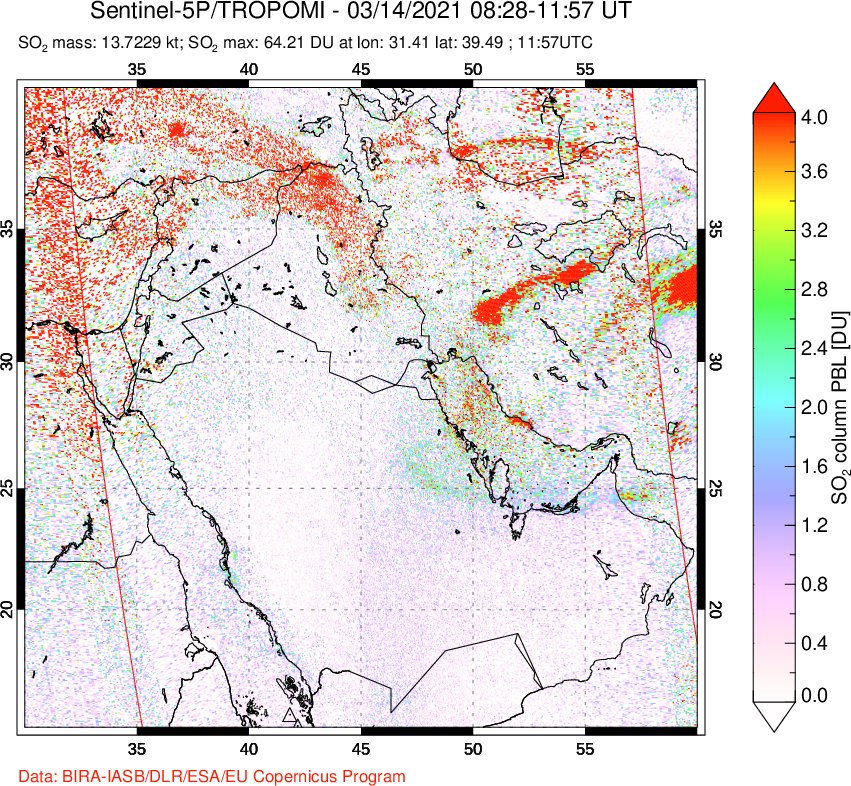 A sulfur dioxide image over Middle East on Mar 14, 2021.