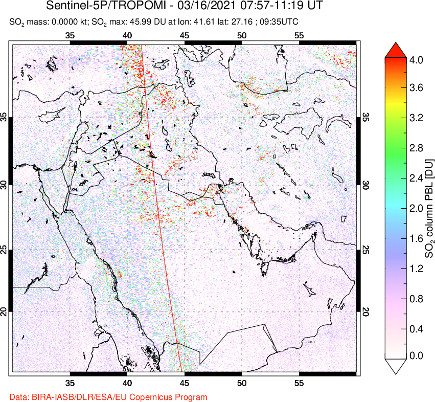 A sulfur dioxide image over Middle East on Mar 16, 2021.