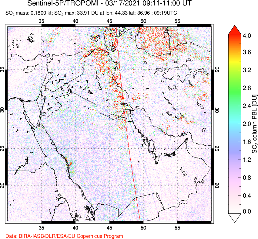 A sulfur dioxide image over Middle East on Mar 17, 2021.