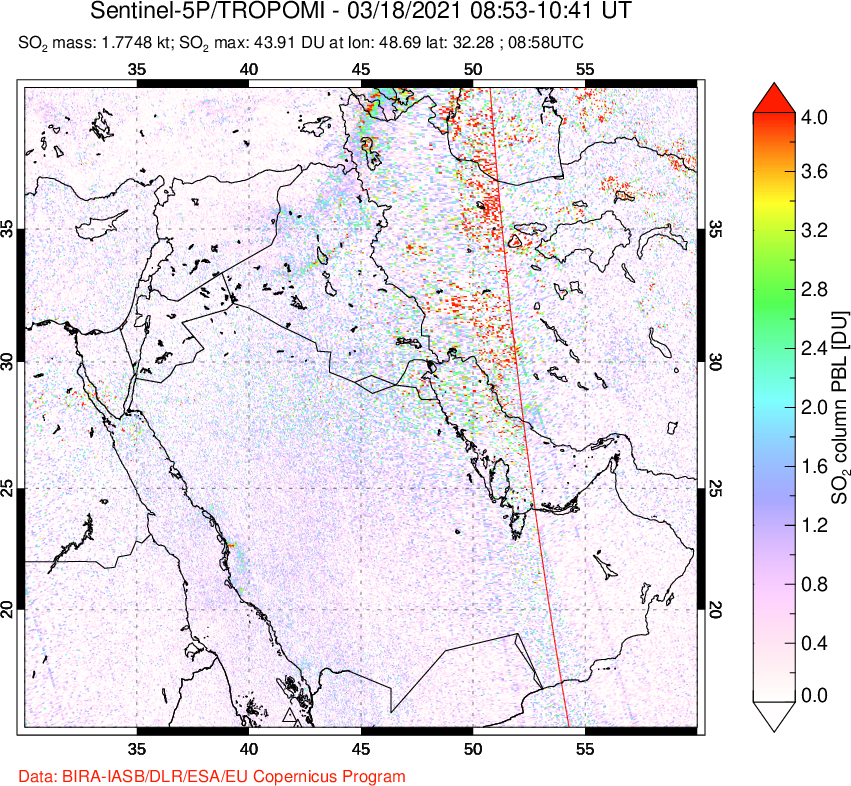 A sulfur dioxide image over Middle East on Mar 18, 2021.
