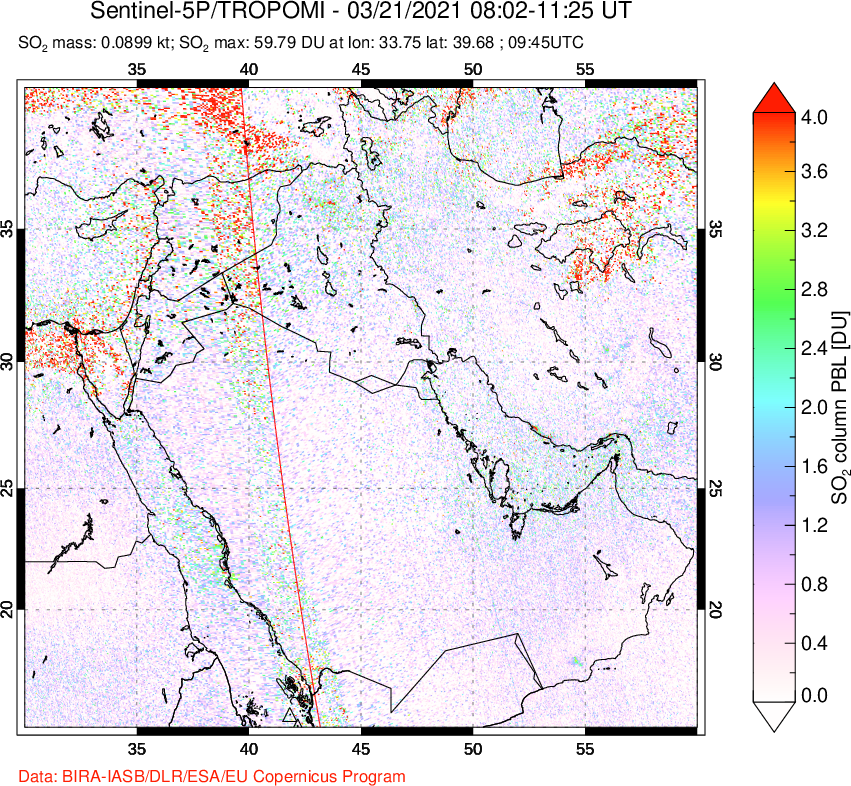 A sulfur dioxide image over Middle East on Mar 21, 2021.