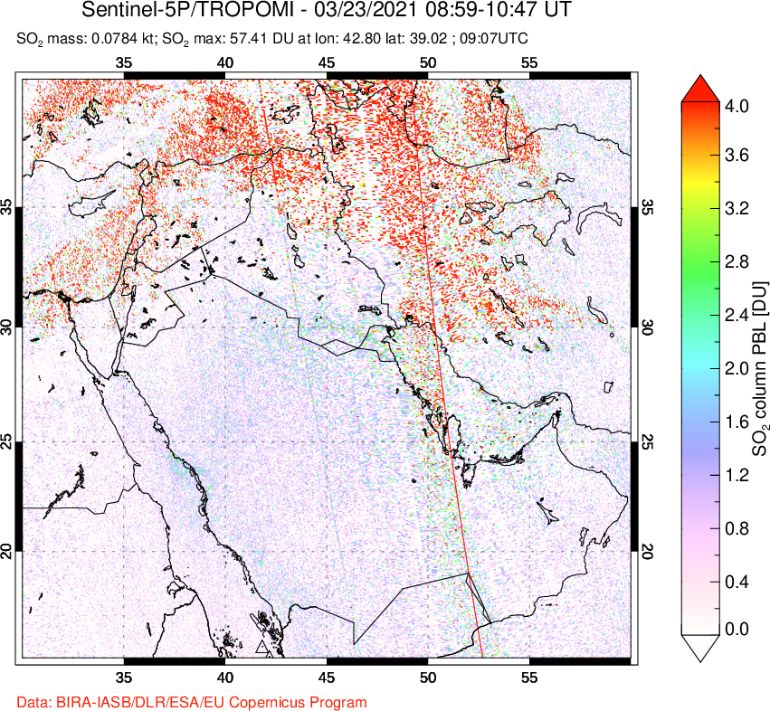 A sulfur dioxide image over Middle East on Mar 23, 2021.