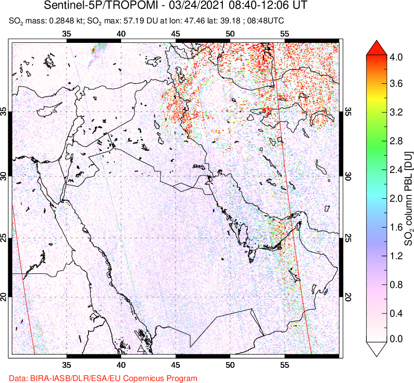 A sulfur dioxide image over Middle East on Mar 24, 2021.