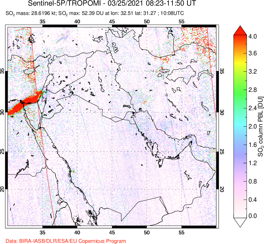 A sulfur dioxide image over Middle East on Mar 25, 2021.