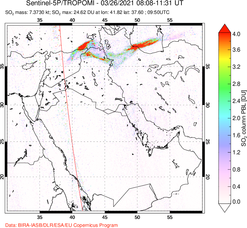A sulfur dioxide image over Middle East on Mar 26, 2021.