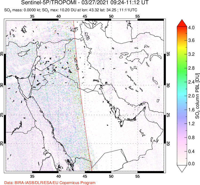 A sulfur dioxide image over Middle East on Mar 27, 2021.