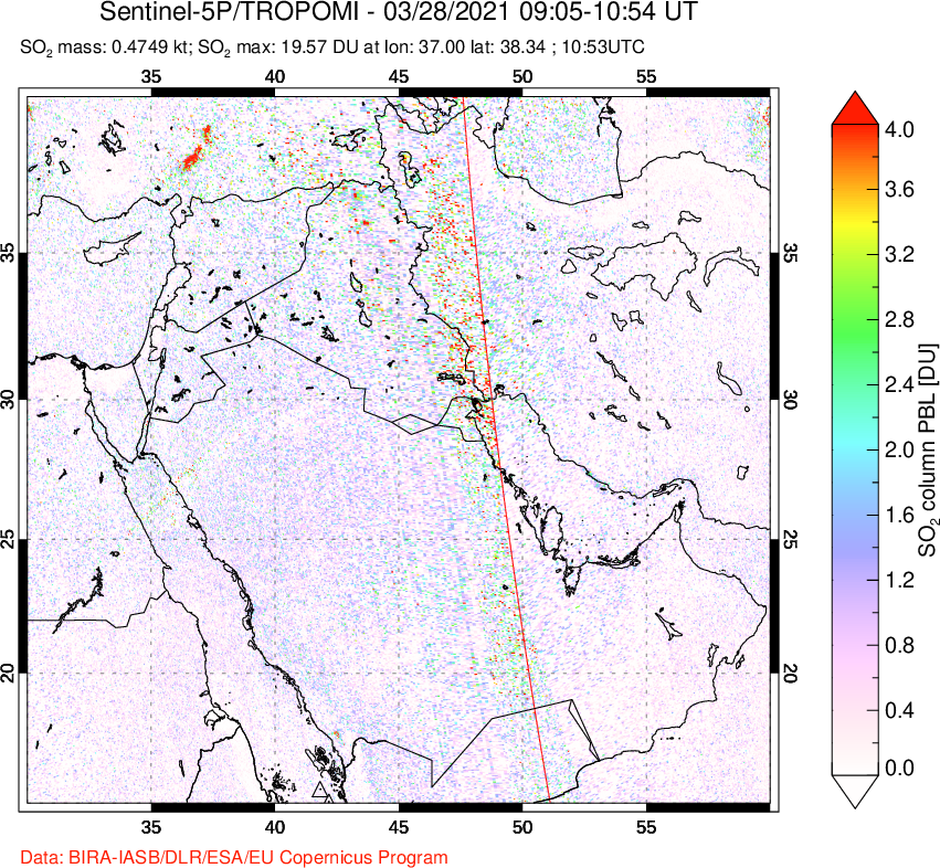 A sulfur dioxide image over Middle East on Mar 28, 2021.