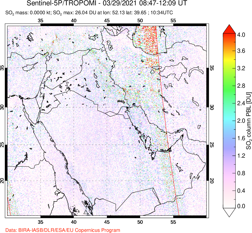 A sulfur dioxide image over Middle East on Mar 29, 2021.