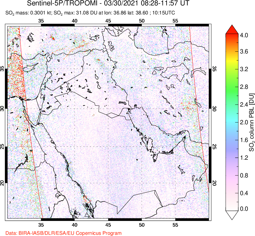 A sulfur dioxide image over Middle East on Mar 30, 2021.